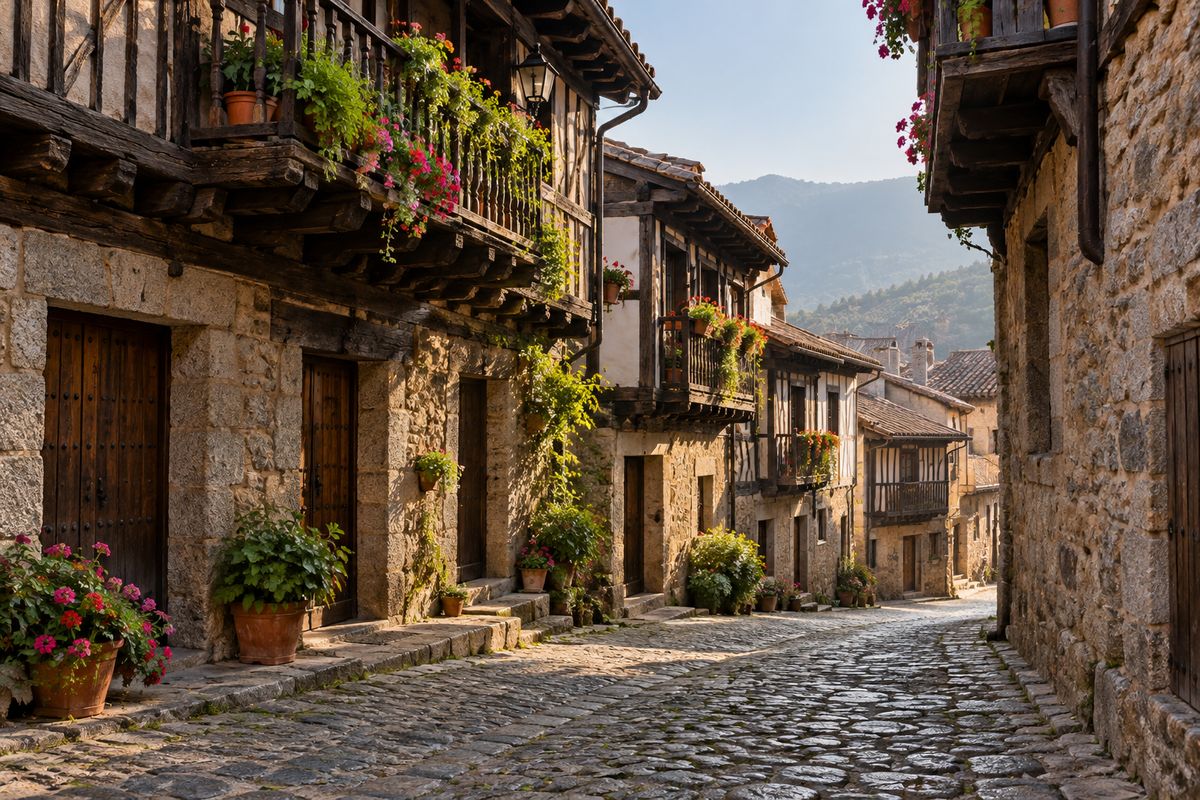 Calle empedrada con balcones de madera